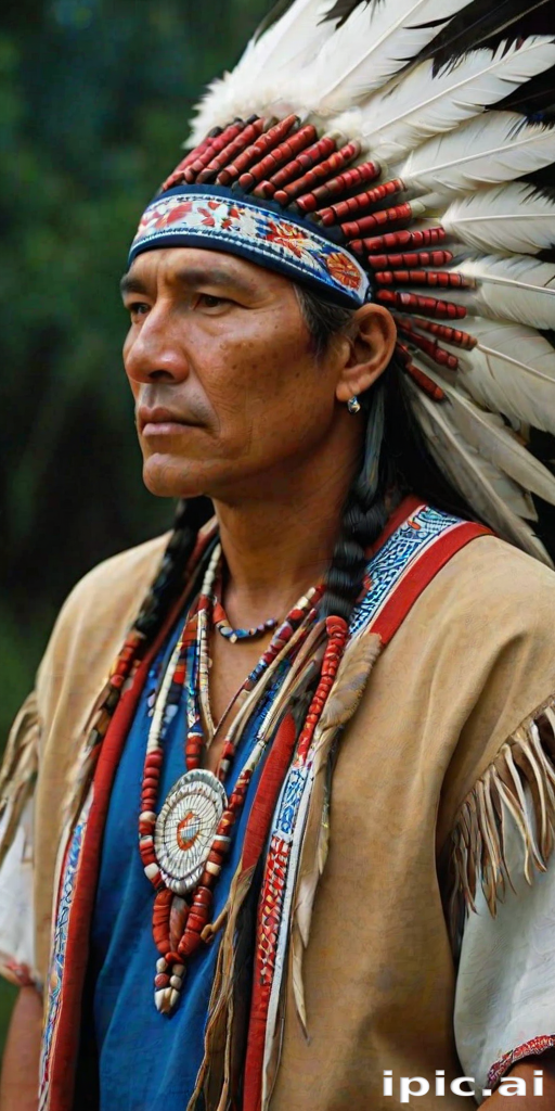 Create a dignified portrait of a Native American man dressed in traditional attire. He wears a beautifully crafted headdress adorned with white feathers and red beads, along with a beaded headband featuring intricate patterns. His clothing includes a deep blue, patterned shirt and a traditional chest piece with detailed beadwork. His arms are crossed, displaying leather armbands decorated with feathers. The background is simple and neutral, emphasizing his proud and stoic expression. The overall image captures the rich cultural heritage and strength of his persona.