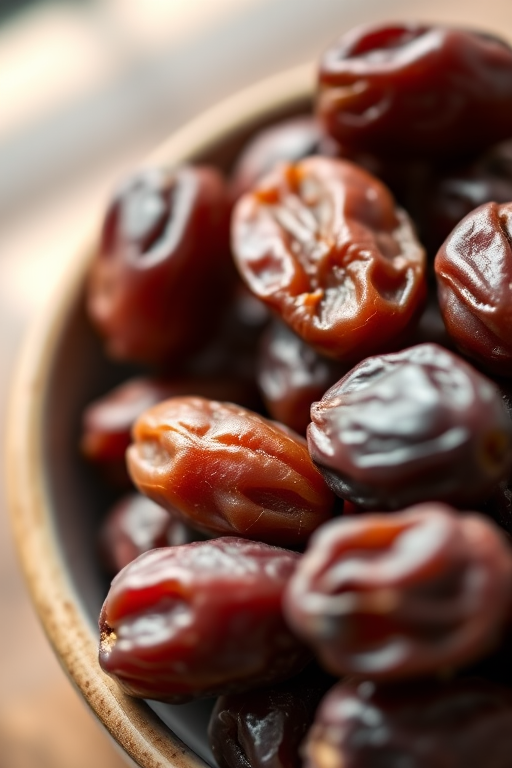 A close-up shot of a bowl of fresh dates, natural lighting, focus on texture and color contrast, 50mm lens, f/2.8 aperture, ISO 100, shallow depth of field, use a DSLR camera.