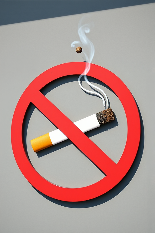 create a high-resolution image of a no smoking symbol featuring a cigarette with smoke, use a DSLR camera with a 50mm lens, f/2.8 aperture, 1/100 sec shutter speed, and shoot during daylight for optimal lighting.