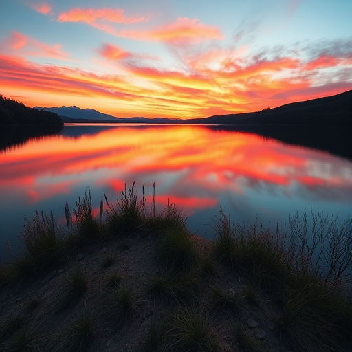 Create a high-resolution image of a serene landscape during sunset, with vibrant colors in the sky reflecting on a calm lake, using a Canon EOS R5 camera with a 24-70mm f/2.8 lens, set to ISO 100, aperture f/8, and a shutter speed of 1/125 sec, shot from a tripod at a 45-degree angle.