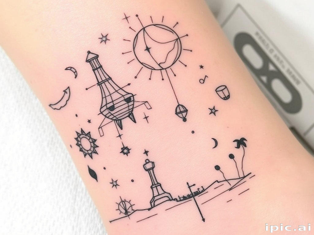 Sketch-style tattoo named "Ephemeral Dreams" featuring loose, gestural lines and crosshatching to create a whimsical scene of floating objects and surreal imagery, as if drawn directly on the skin