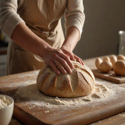 Close-up of a woman’s hands kneading dough for homemade bread, flour dusting the countertop, with warm light illuminating her focused expression and the ingredients around her.