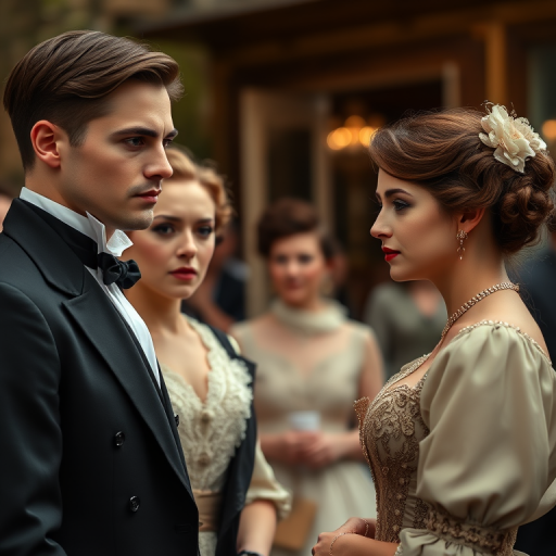 Create an elegant 19th-century social scene featuring a well-dressed couple on the left and another couple on the right, captured in high resolution using a DSLR camera with a 50mm lens at f/1.8, ISO 100, and a soft focus background to enhance details and depth.