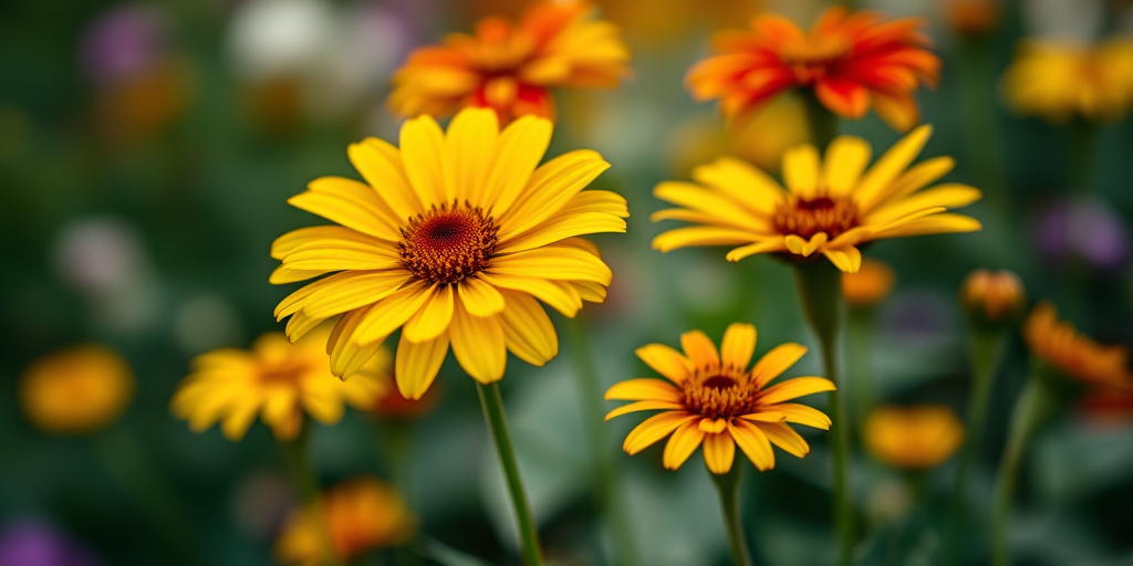 macro shot of vibrant yellow and red flowers in a garden with a blurred background, aperture f/2.8, shutter speed 1/200s, ISO 100, 50mm lens, DSLR camera, soft natural lighting
