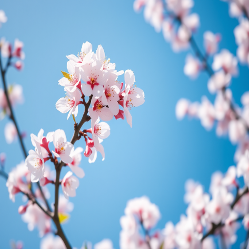Capture a high-resolution image of blooming cherry blossoms against a clear blue sky using a DSLR camera with a 50mm lens, aperture set to f/2.8, shutter speed at 1/250s, ISO 100, with a shallow depth of field to emphasize the flowers and a slightly blurred background.