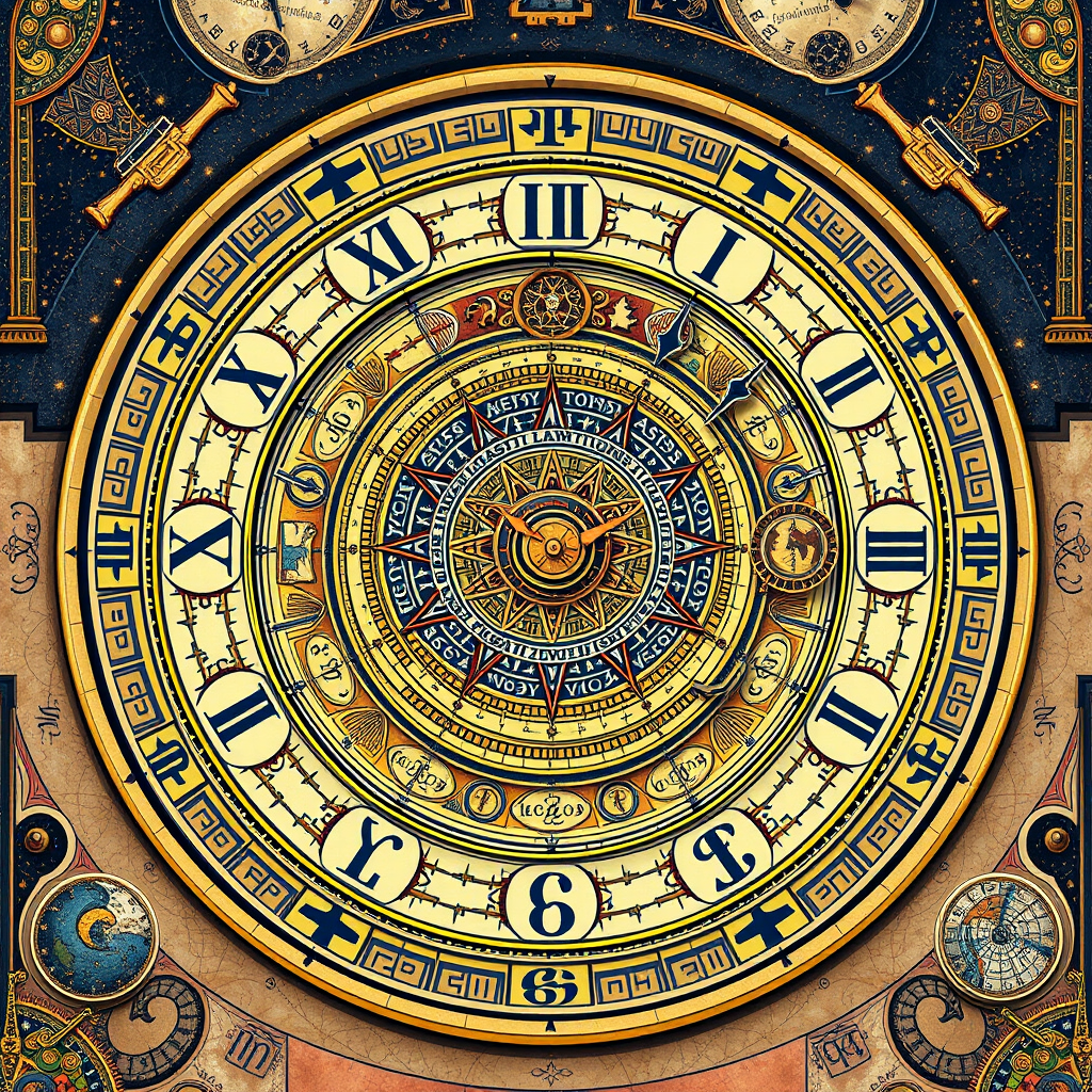 Create a detailed illustration of an intricate astronomical clock featuring celestial motifs and zodiac symbols, using a DSLR camera with a 50mm lens, f/1.8 aperture, 1/60 shutter speed, and ISO 100, with a top-down view and vibrant colors for enhanced clarity.