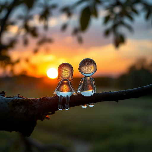 A high-quality conceptual HDR macro hyper-realistic photograph of a tree branch with a couple of transparent water drops in the shape of a female and a male chibi-style figure. The figures have a soft, wet, bubbly wet and bioluminescent texture. They are sitting on the branch and contemplating a beautiful sunset in the distance.