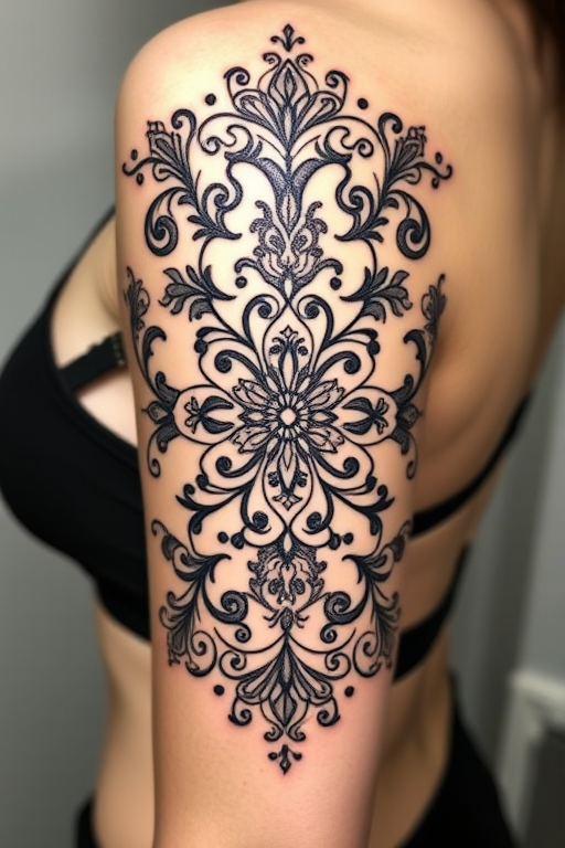 Ornamental blackwork tattoo titled "Lace Elegance" featuring intricate patterns inspired by delicate lace designs with symmetrical arrangements of swirls dots and geometric shapes creating a visually stunning and feminine aesthetic