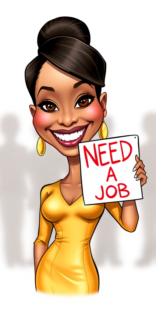 caricature of a smiling Zoe Saldana in a Gold dress or suit, holding up a sign that says "NEED A JOB", no watermark,