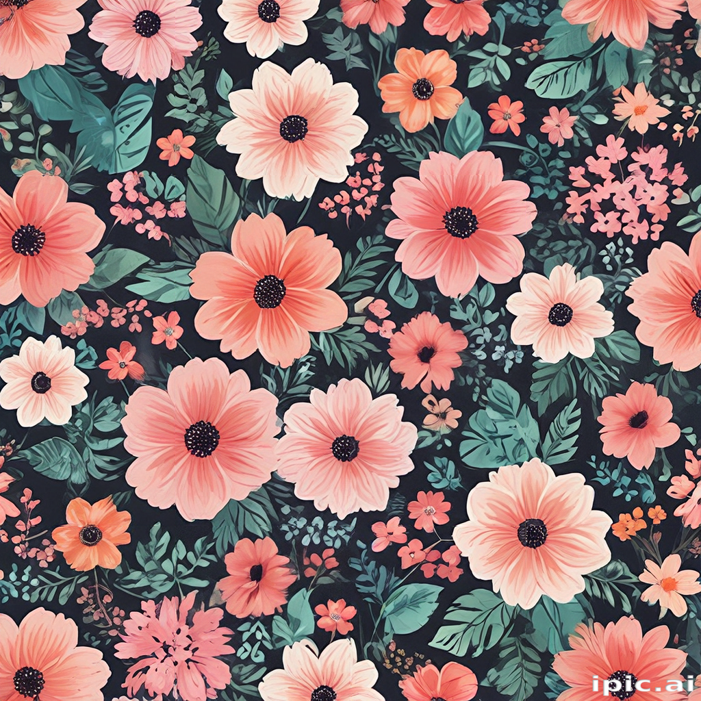 Vibrant Floral Pattern Featuring Colorful Blooms Against a Dark Background
