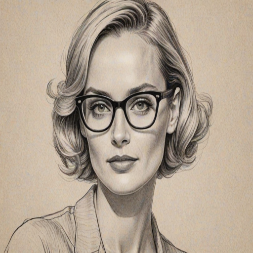 Fetching Amber Valletta, pencil sketch, portrait of Alluring woman 1950s in glasses, hair style beatnik, outline, clear lines, fine lines, 8k