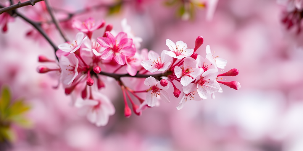 close-up of pink and white flowering branches with soft-focus background, 50mm lens, f/2.8, ISO 200, natural light, DSLR camera, shallow depth of field
