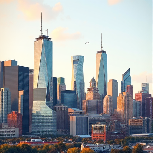 Create a high-resolution digital illustration of a modern city skyline featuring various skyscrapers, captured in a wide-angle view with a DSLR camera at f/8 aperture, 24mm focal length, ISO 100, with vibrant colors and enhanced details for clarity.
