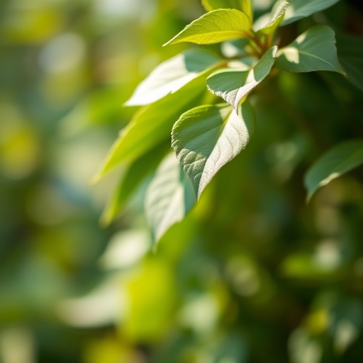 Close-up shot of green leaves with soft bokeh background, natural lighting, f/2.8 aperture, 50mm lens, ISO 200, taken with a DSLR camera, shallow depth of field.