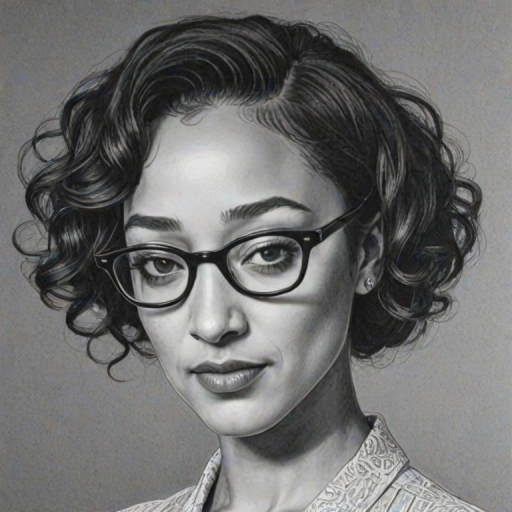 Radiant Ruth Negga, pencil sketch, portrait of Enticing woman 1954s in glasses, hair style beatnik, outline, clear lines, fine lines, 8k