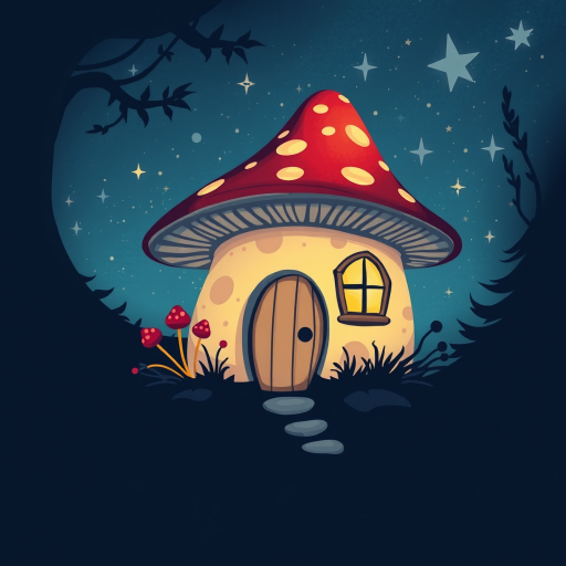 design illustration of a mushroom house with a door and a window, a storybook , fantasy art, mushroom house, bg starry sky, sparkles