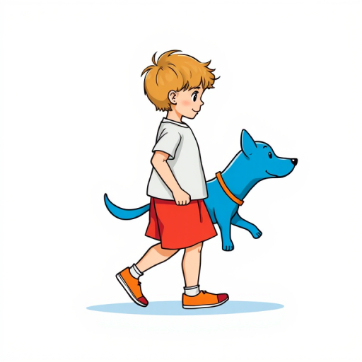 Create an illustration of a child walking a blue dog, using vibrant colors, set against a white background, with a focus on playful shapes and outlines, captured with a DSLR camera at f/2.8, 50mm lens, natural lighting, high saturation for enhanced colors.