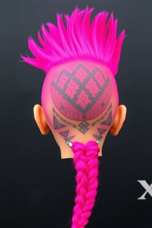 Vibrant magenta mohawk with shaved sides adorned with intricate geometric patterns, tapering into a long, braided tail at the nape, dubbed Neon Warrior