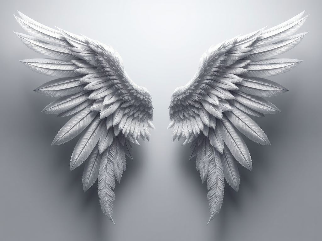 Create a high-resolution digital illustration of a pair of detailed wings, featuring intricate feather textures and a graceful design, shot with a DSLR camera at f/1.8, ISO 200, 50mm lens, in a studio setting with soft lighting to enhance the quality of the image.