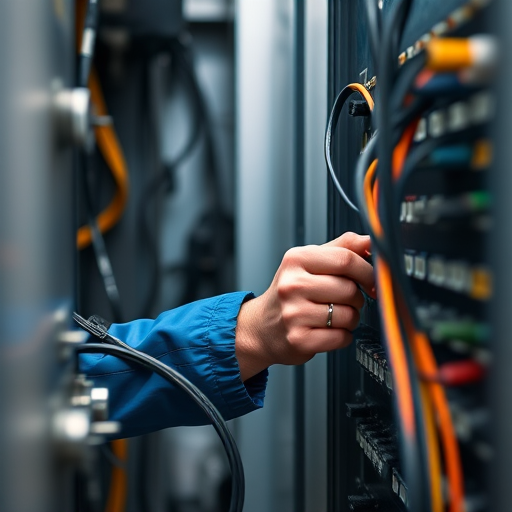 capture a technician in a blue work jacket carefully connecting wires in a control panel, focus on hands and cables, use a shallow depth of field, aperture f/2.8, ISO 400, 50mm lens, natural and artificial lighting, taken with a DSLR camera