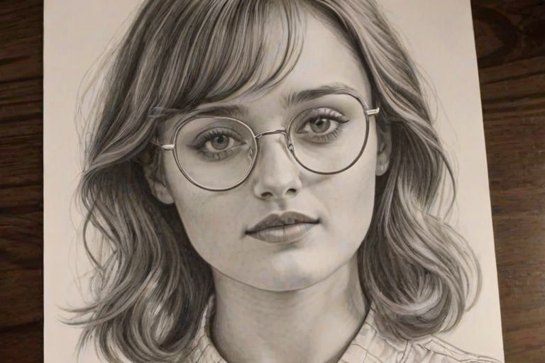 Captivating Ella Purnell, pencil sketch, portrait of Fetching woman 1972s in glasses, hair style beatnik, outline, clear lines, fine lines, 8k