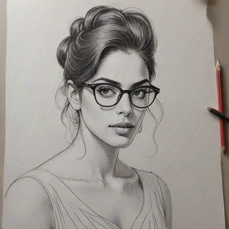 Charming Inbar Lavi, pencil sketch, portrait of Elegant woman 1966s in glasses, hair style beatnik, outline, clear lines, fine lines, 8k