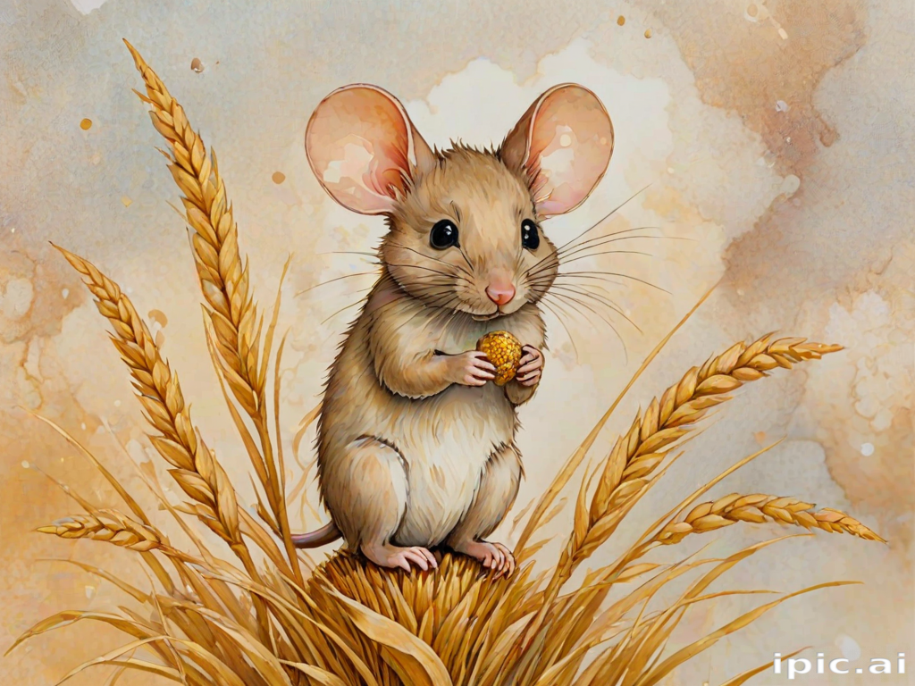 Soft, muted Alcohol Ink with ebru effect background image of tiny whimsical mousey, who climbed high on the top of a golden rye ear.
