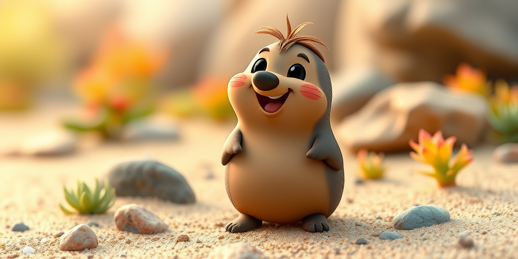 Generate a cheerful cartoon-style mole standing on a sandy surface with colorful plants and rocks, soft bokeh background, shot with a Canon EOS R5 at f/2.8, 50mm lens, ISO 100, natural soft lighting, and a slight upward angle to enhance the character's cuteness.
