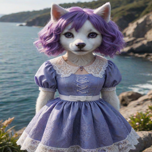 realistic, purple hair,  looking at viewer, no_nose, furry, flower, outdoors, sea, lace-trimmed blue dress, clothed_animal, pawpads, furrification,