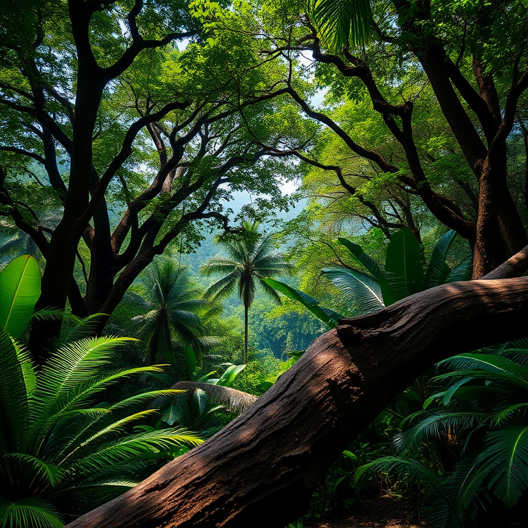 Create a vibrant jungle scene featuring thick trees, lush greenery, and a dramatic foreground with a large tree branch, shot with a Canon EOS R5, 50mm lens, f/2.8 aperture, ISO 100, at a low angle to capture depth and detail in soft natural light.