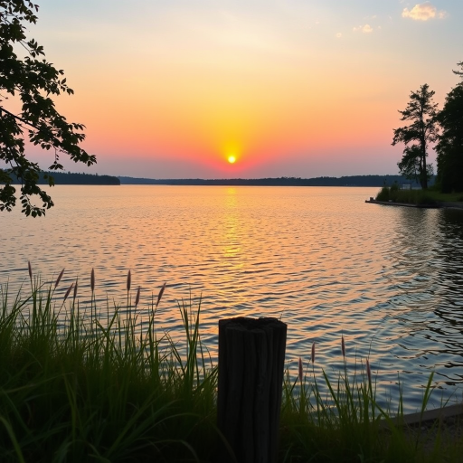 Capture a serene lakeside sunset with a wide-angle view, ISO 100, f/8 aperture, 1/60 sec shutter speed, using a DSLR camera to enhance image sharpness and color vibrancy.