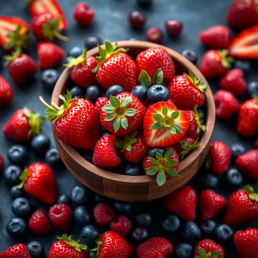 a wooden bowl filled with a variety of fresh strawberries, raspberries, and blueberries surrounded by more berries scattered on a dark blue background, taken with a Canon EOS R5, 50mm lens, f/1.8 aperture, ISO 100, natural light for enhanced color and detail