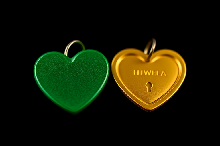 Create a high-resolution image of two heart-shaped keys, one green and one gold, against a black background, with soft lighting, using a DSLR camera with a 50mm lens, aperture f/1.8, ISO 100, and a shallow depth of field to enhance focus on the keys.