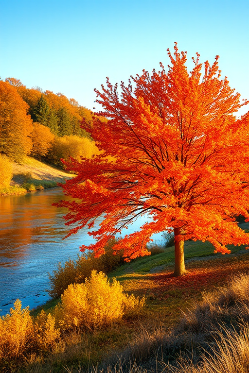 Autumn landscape with a vibrant orange tree by a serene river, captured in a golden hour light, 24mm lens, f/8 aperture, ISO 100, 1/125 sec exposure, taken with a DSLR camera for enhanced clarity and detail.