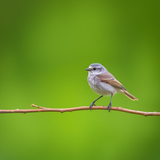 Capture a sharp image of a small bird perched on a twig against a blurred green background using a DSLR camera with a 300mm lens, aperture f/5.6, ISO 400, shutter speed 1/1000s, and a shallow depth of field for enhanced detail and contrast.