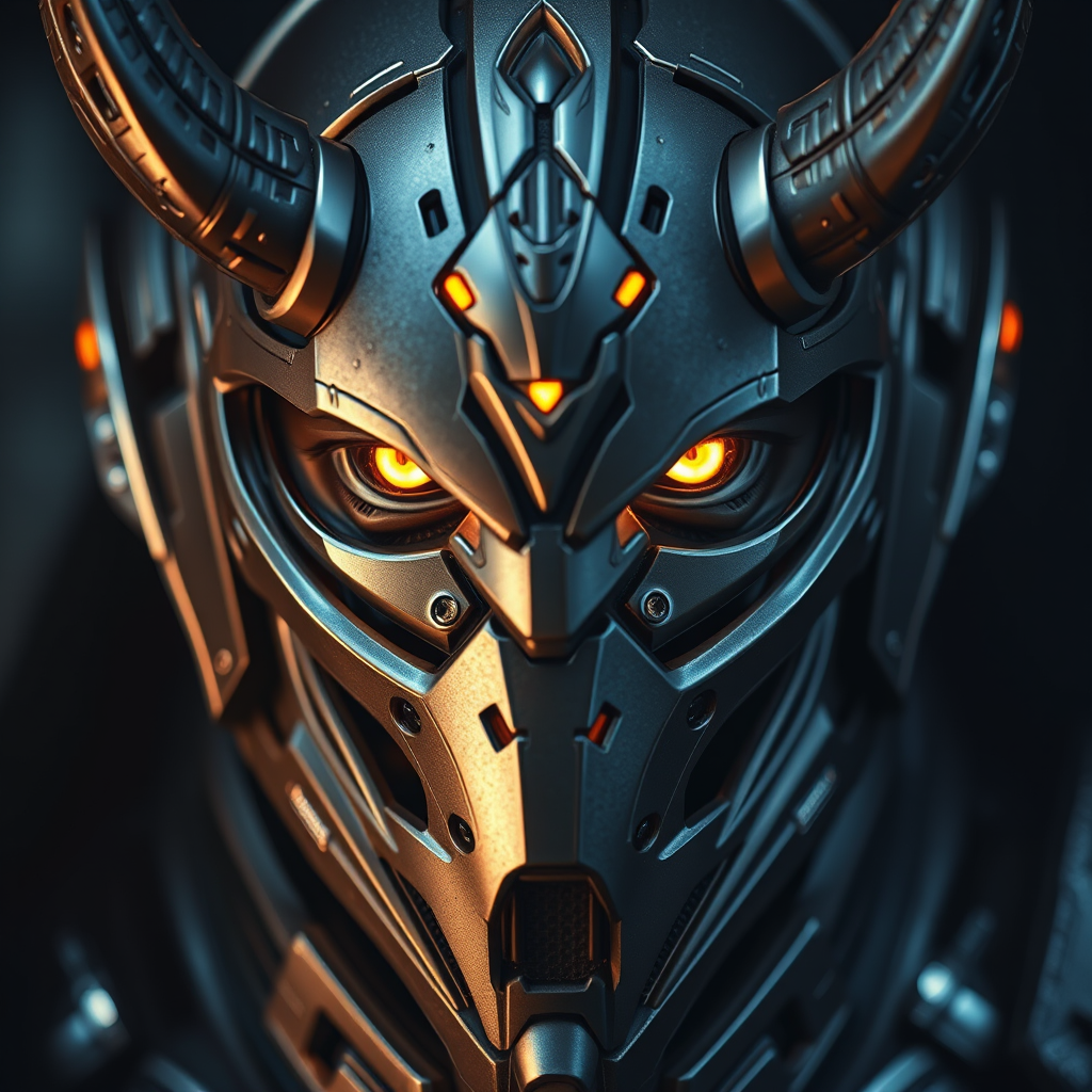 Create a highly detailed close-up portrait of a futuristic armored character with prominent horns and glowing golden eyes, using a Canon EOS R5 camera, 50mm lens, aperture f/1.8, ISO 100, 1/125 sec exposure, in a dramatic lighting setup to enhance the metallic textures and eye details.