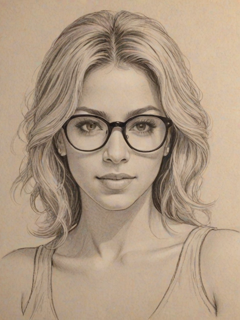 Enticing Shakira, pencil sketch, portrait of Radiant woman 1933s in glasses, hair style beatnik, outline, clear lines, fine lines, 8k