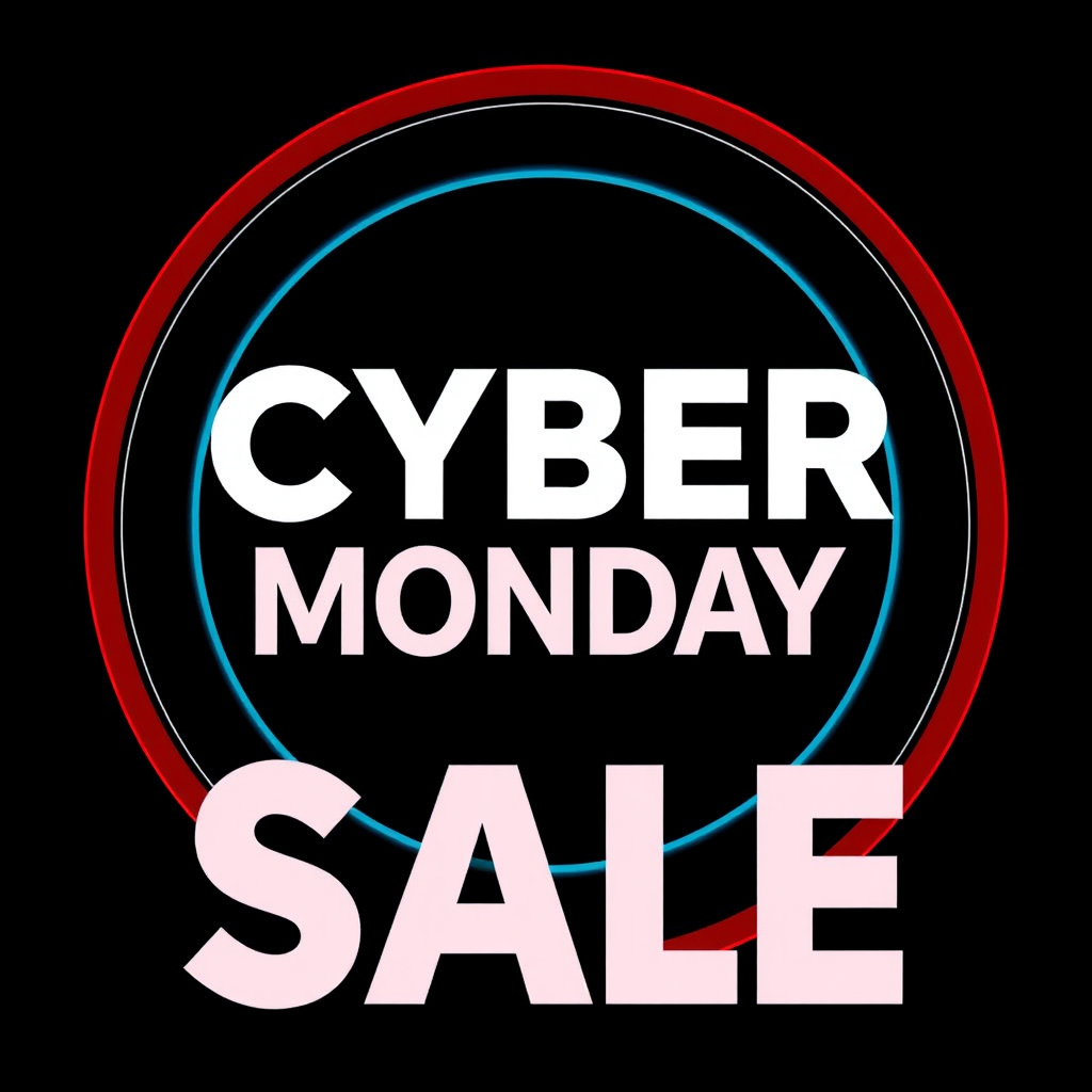 Create a modern promotional graphic for a Cyber Monday Sale featuring bold text and a circular design, shot using a DSLR camera at f/2.8, ISO 100, with a 50mm lens in a flat lay view to enhance the quality and detail of the design.