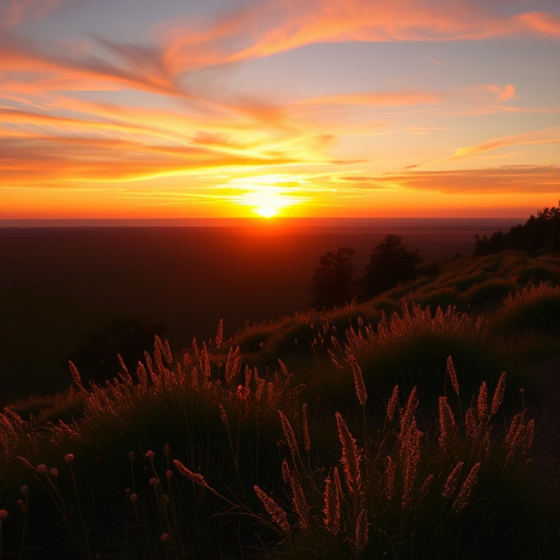 Generate a high-quality image of a serene landscape during golden hour with vibrant colors and soft lighting, using a DSLR camera, 50mm lens, aperture f/1.8, ISO 100, and a low-angle view to enhance depth and detail.