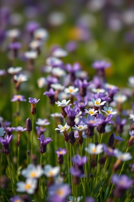 close-up of a field of purple and white flowers with a shallow depth of field, camera settings: f/2.8, ISO 100, 1/200s, camera view: macro perspective, camera style: natural lighting, camera type: DSLR