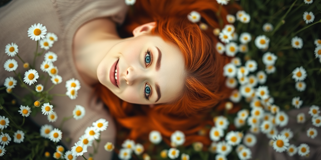 portrait of a young woman with red hair lying in a field of daisies, soft focus, natural light, 50mm lens, f/1.8 aperture, ISO 200, overhead view, shallow depth of field, photography style: dreamy, camera type: DSLR