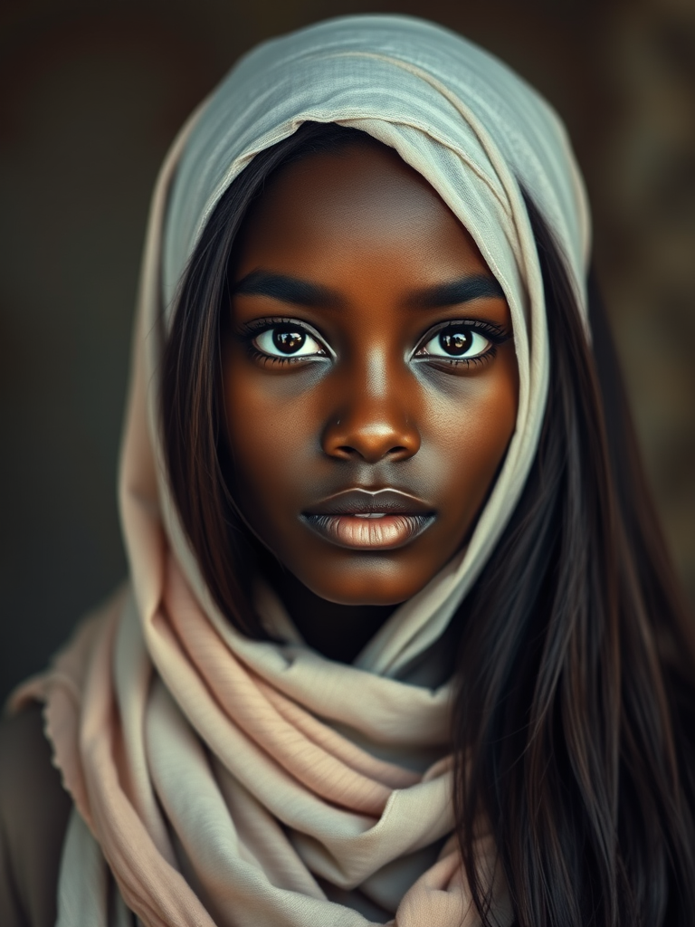 Create a portrait of a young African American female with long, dark hair and captivating hazel eyes. She is wearing a white headscarf and a matching scarf draped gracefully around her neck. The background is softly blurred, focusing attention on her serene and natural expression. The overall color palette is muted and warm, enhancing the intimate and authentic feel of the portrait.
