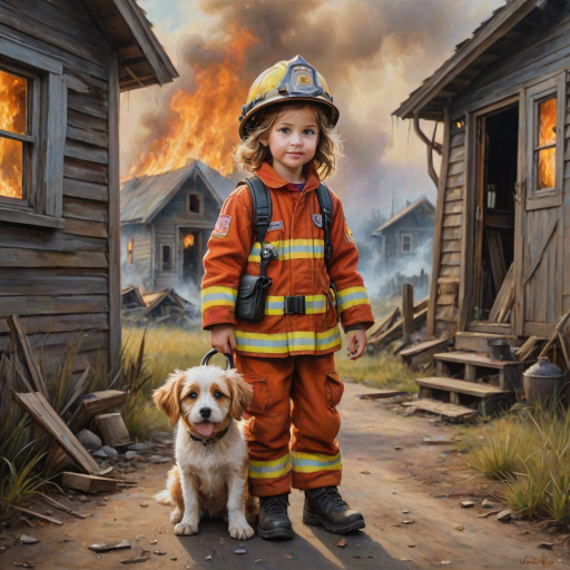 airbrushed oil painting, pixar style, cute little girl in fireman gear, helmet, tousled hair, expressive eyes, standing in the doorstep of a cottage burning behind him, holding a cute little dog in her arm, atumn sky