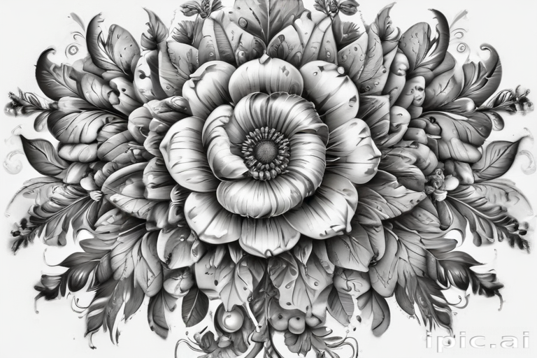 Intricate Black and White Floral Design Featuring a Large Blooming Rose