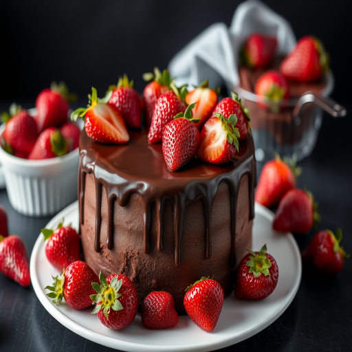 Chocolate cake with strawberries on top rich chocolate ganache dripping down the sides placed on a white plate surrounded by fresh strawberries dark background soft lighting