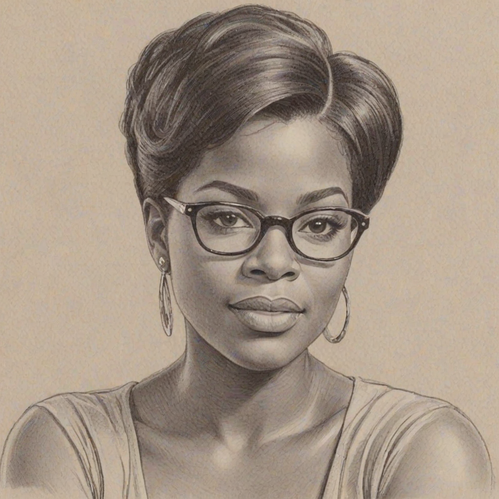 Elegant Fantasia Barrino, pencil sketch, portrait of Delightful woman 1959s in glasses, hair style beatnik, outline, clear lines, fine lines, 8k