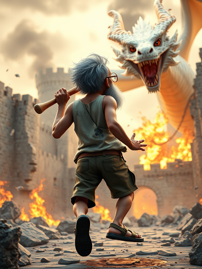 Cartoon 3D High-Resolution,dynamic battle scene using Unreal Engine 5 and Octane Render. The scene features back of an elderly, thai man with a beard,messy hair and round golden-rimmed glasses. He is wearing a tattered tank top with soot marks, shorts, and sandals. sweating. he wields a baseball bat. He jump to fight with a white fire-breathing Europe dragon amidst a partially destroyed stone castle. Include intense flames, smoke, and debris to enhance the dramatic effect.