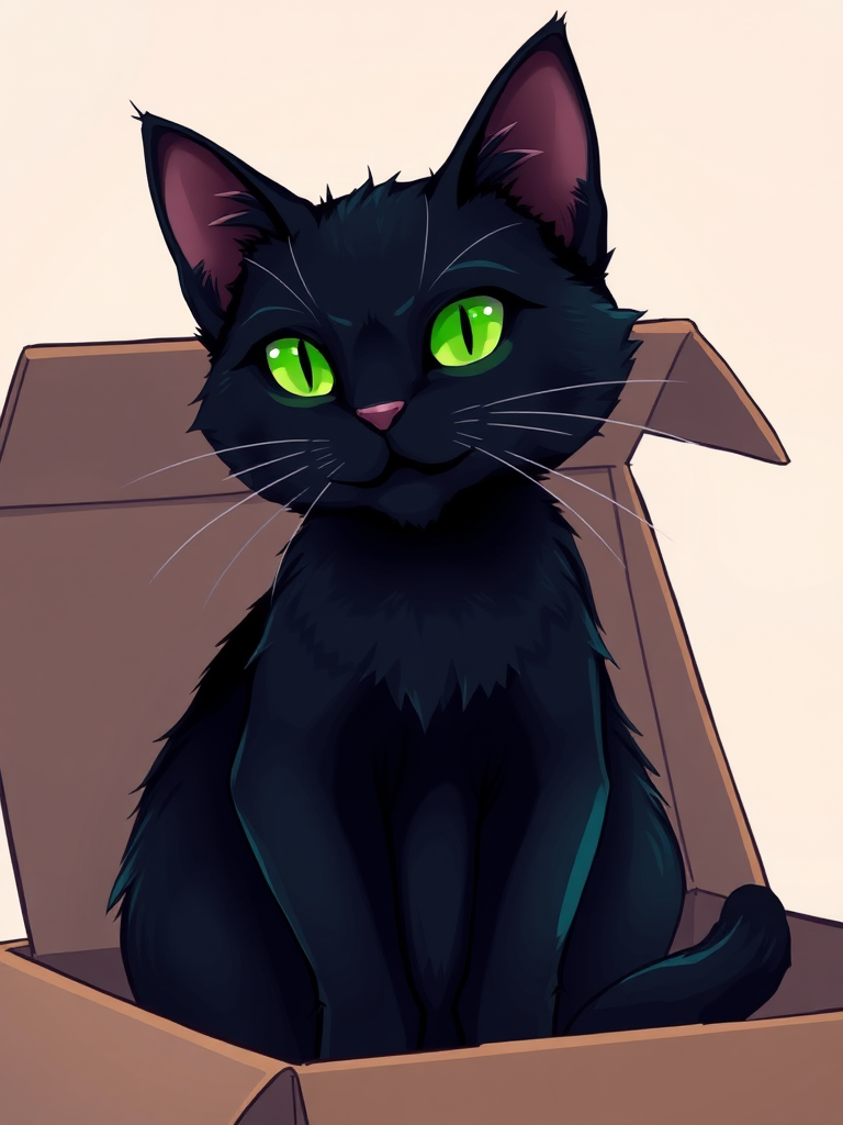 Create an illustration of a black cat with glowing green eyes sitting in an open cardboard box, soft pastel background, using a high-resolution digital art style, with a focus on smooth lines and vibrant colors, simulating a digital camera with 50mm lens at f/2.8 for a shallow depth of field, capturing a frontal view.