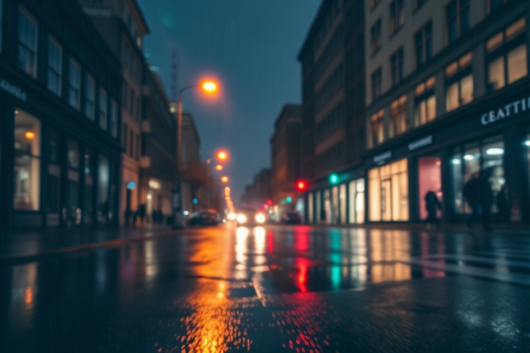 city street at night in the rain, soft glow from street lamps and windows, atmospheric fog, reflections on wet pavement, depth of field, ISO 100, f/1.8, 1/60 sec, 35mm lens, DSLR camera, low angle view, long exposure photography