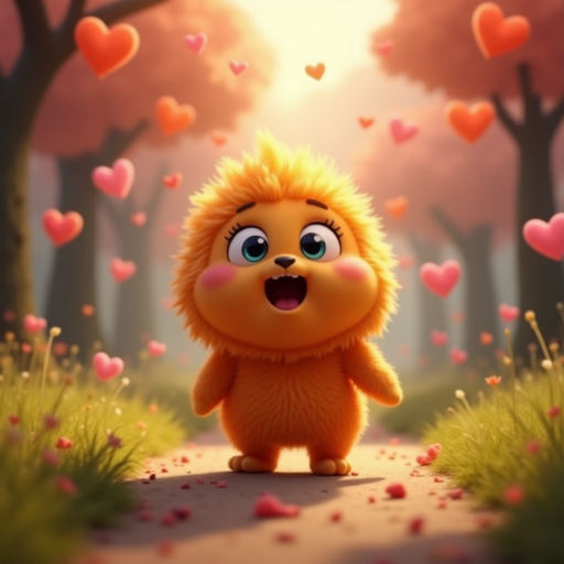 A fluffy orange creature with large eyes and a wide open mouth stands on a path in a whimsical forest, bright pink and red hearts float through the air, the creature has a surprised expression, the light is warm and soft, photorealistic, digital art, 3D style